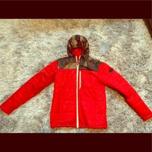 Red jacket with camouflage hood